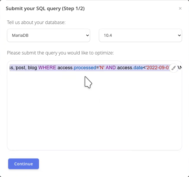 EverSQL SQL query optimization form with the SQL query to optimize